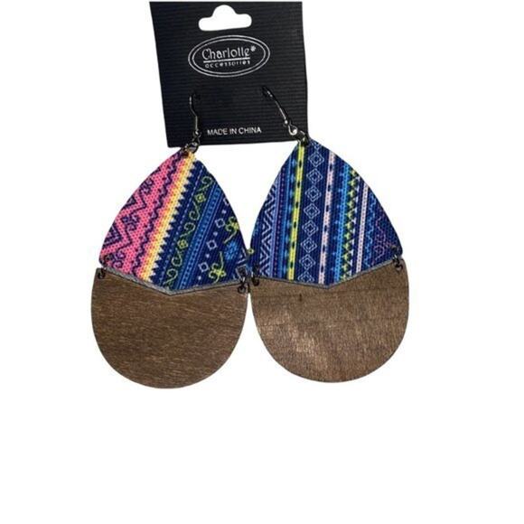 NWT Wooden Fabric Covered Boho Aztec Dangle Earrings Blue Pink Yellow - Picture 2 of 5